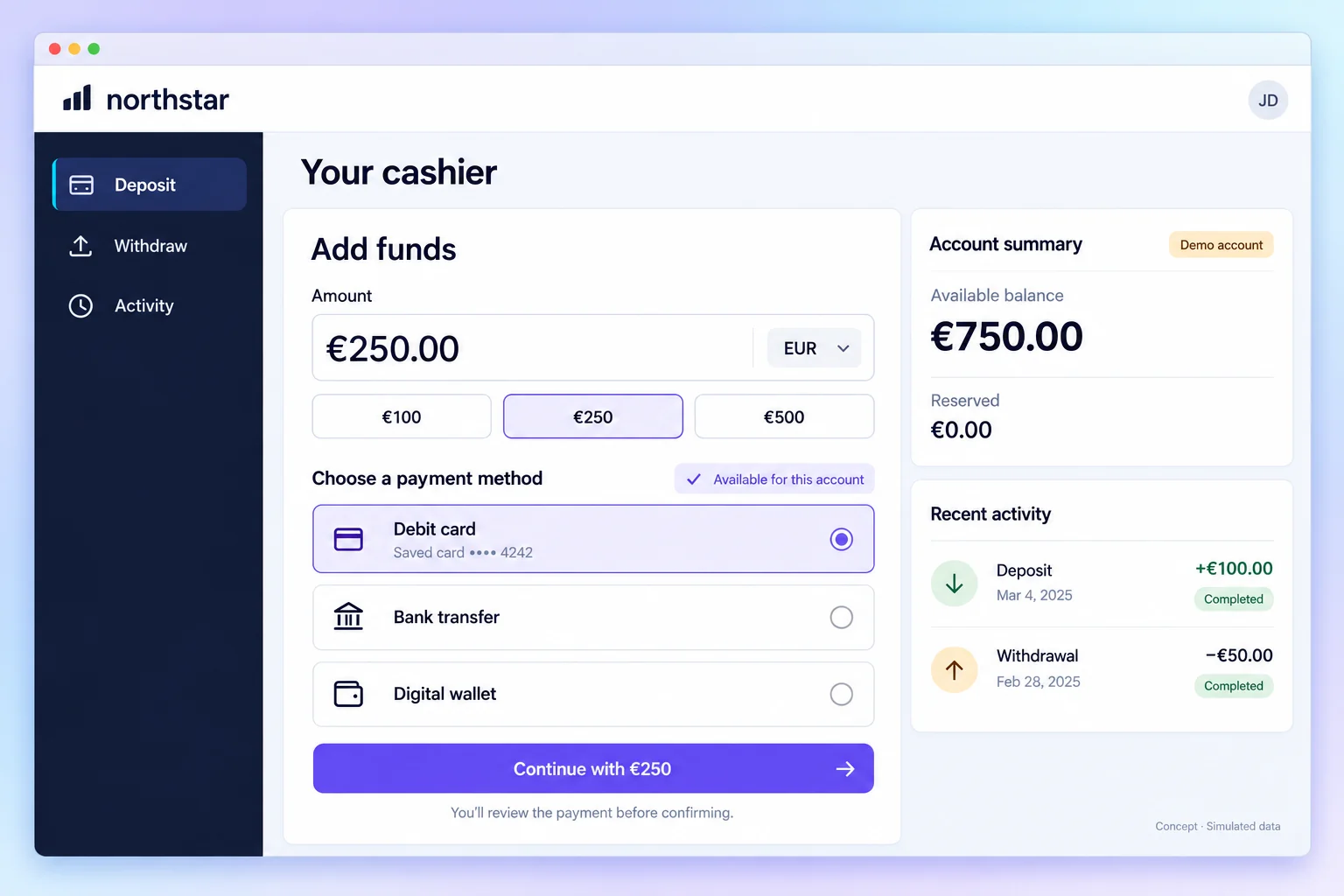 Light customer cashier concept showing a deposit amount, eligible payment methods and a continue action